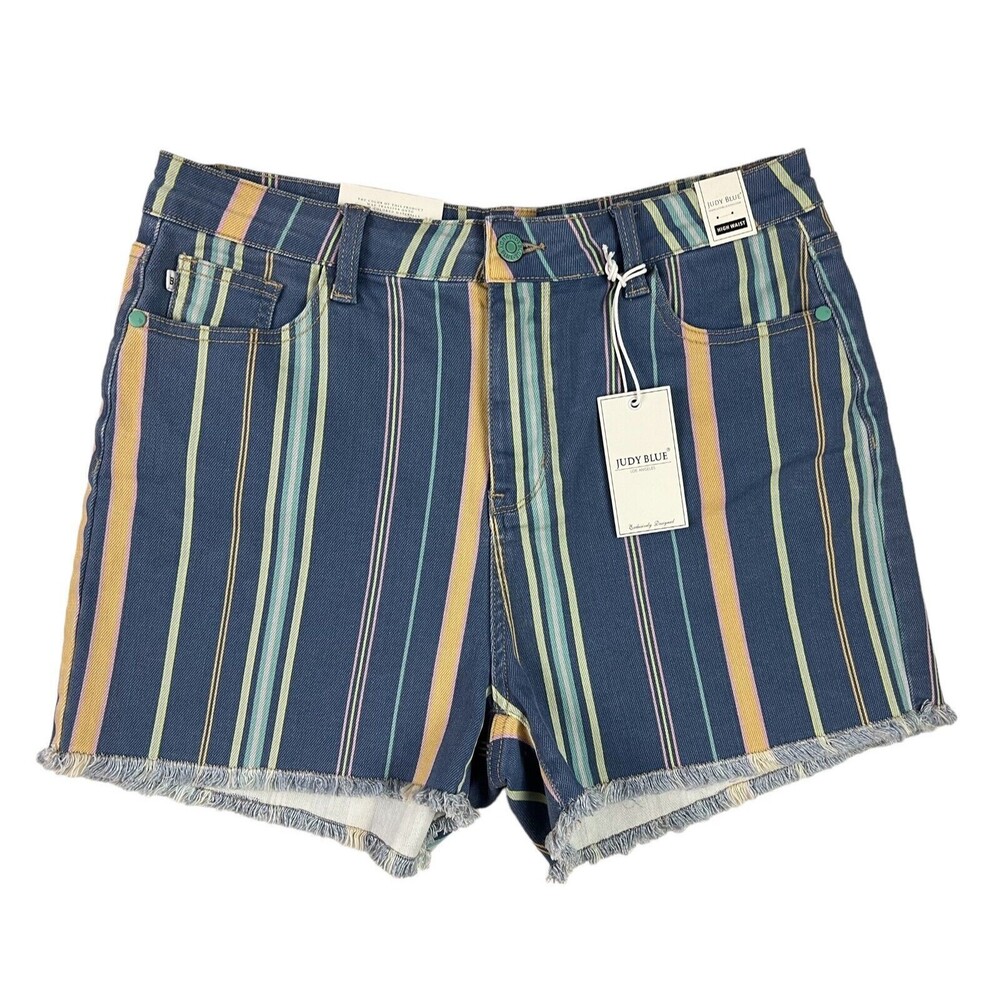 Judy Blue Striped Jean Shorts  Women's Size XL  NWT  3" High Rise Frayed Denim